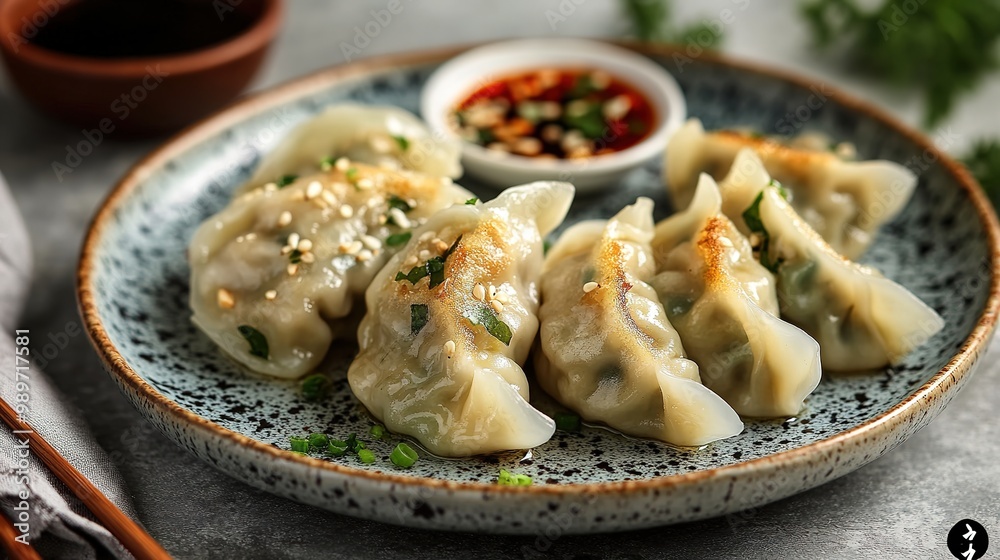 Delicious homemade dumplings served on a classic white plate, showcasing their savory filling and appealing presentation against a minimalist gray backdrop.