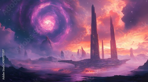 Spaceport in an alien landscape, advanced rockets ready for launch, swirling nebulae in the sky, cyberpunk, neon-infused, 3D illustration, high contrast, metallic textures