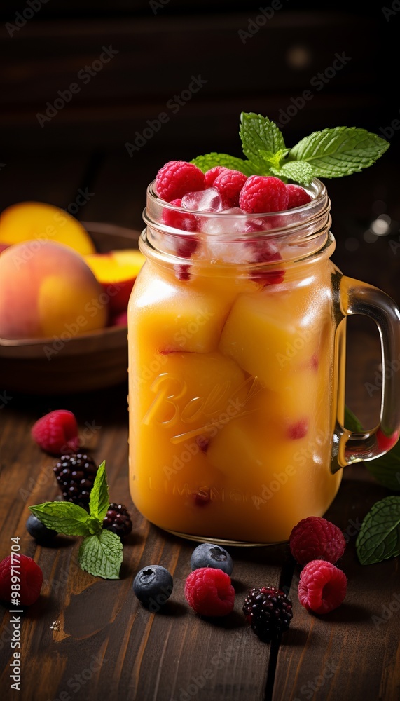 Refreshing summer beverage with fresh berries and peaches served in a jar Refreshing summer beverage with fresh berries and peaches served in a jar