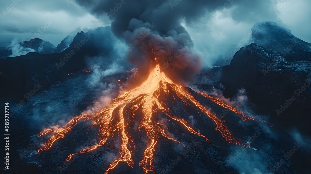Aerial capture of a volcano spewing ash and lava, the red-hot flow snakes down barren mountainsides, the sky filled with thick, swirling ash clouds Aerial capture of a volcano spewing ash and lava, the red-hot flow snakes down barren mountainsides, the sky filled with thick, swirling ash clouds