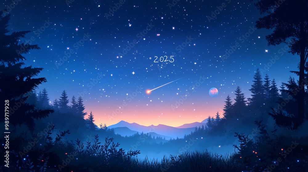 Fototapeta premium A serene night sky filled with stars, a shooting star, and mountainous terrain, evoking tranquility and wonder.