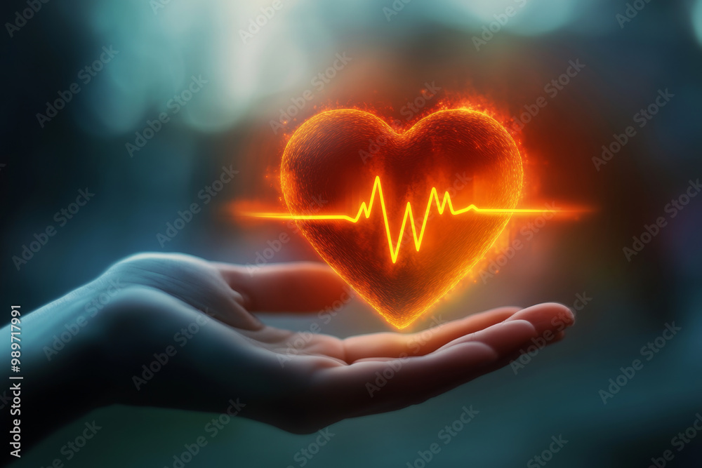 Hand Holding Glowing Heart Icon with Heartbeat Line in Focus Hand Holding Glowing Heart Icon with Heartbeat Line in Focus