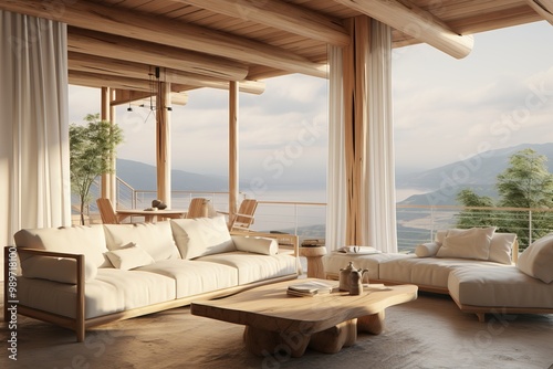 Elegant modern living room with panoramic mountain views and natural light in a serene setting