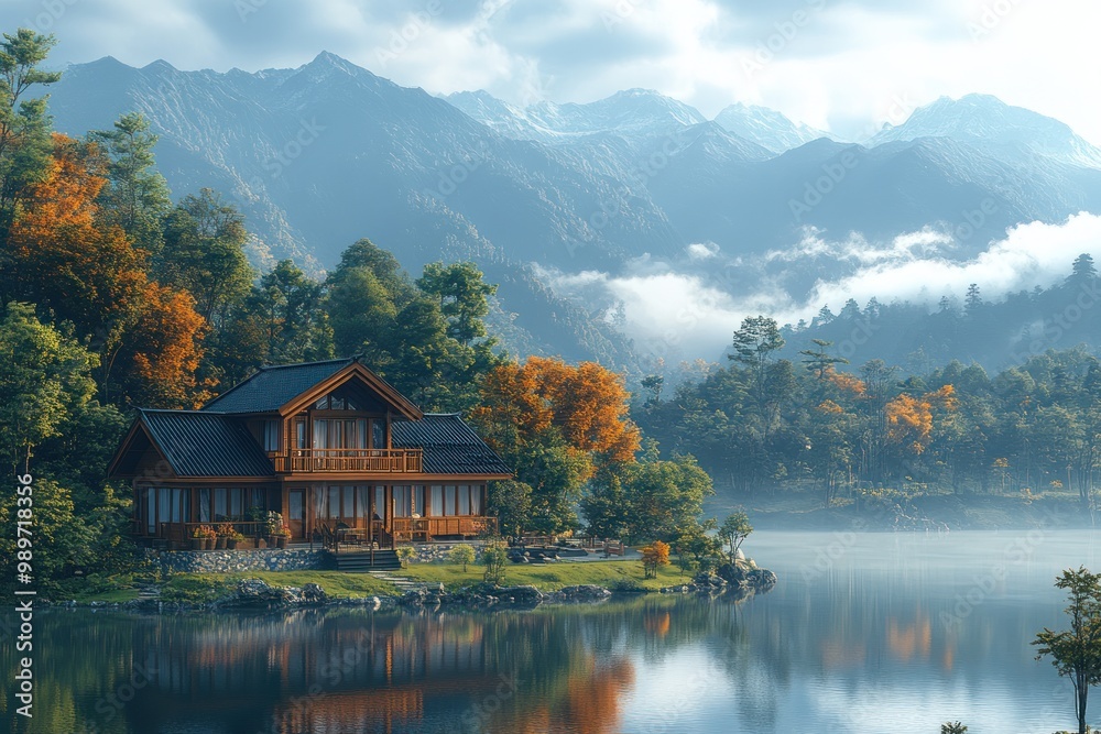 Fototapeta premium Cabin in the Mountains by the Lake