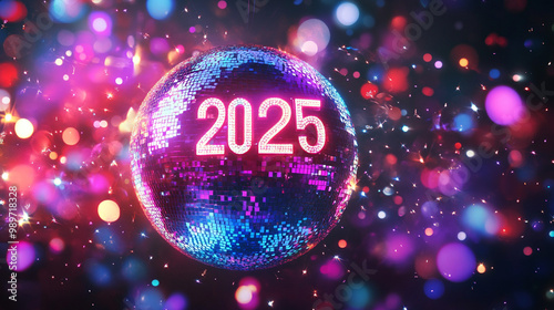A vibrant, futuristic design featuring the year 