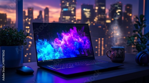 Laptop Glowing at Night with City Skyline in Background