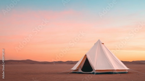 A white tent set in a vast desert landscape at sunset, with a pastel-colored sky creating a serene and tranquil atmosphere.