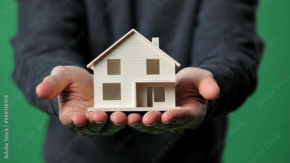 Architect holding a small white model house against a green screen background showcases the design and details of a residential property, emphasizing modern architectural concepts Architect holding a small white model house against a green screen background showcases the design and details of a residential property, emphasizing modern architectural concepts