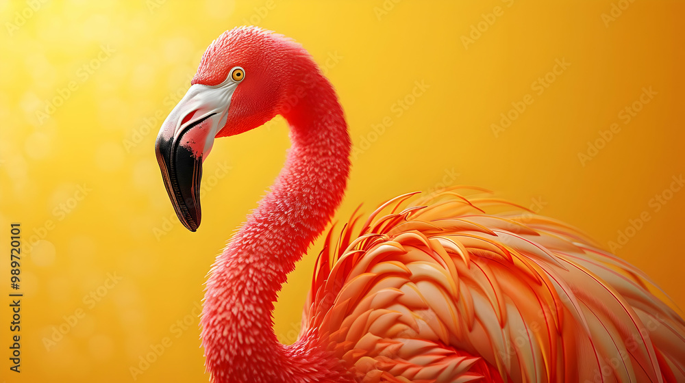 Fototapeta premium Pink Flamingo with Copy Space and Yellow Background