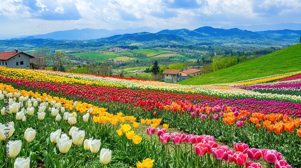 Vibrant floral landscape at sunset featuring a sea of colorful flowers with distant mountains and lush greenery. Vibrant floral landscape at sunset featuring a sea of colorful flowers with distant mountains and lush greenery.