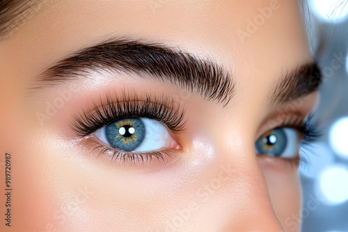 A close-up of a womanâ€™s eyes, with a soft focus on her long eyelashes and a dreamy bokeh background photo