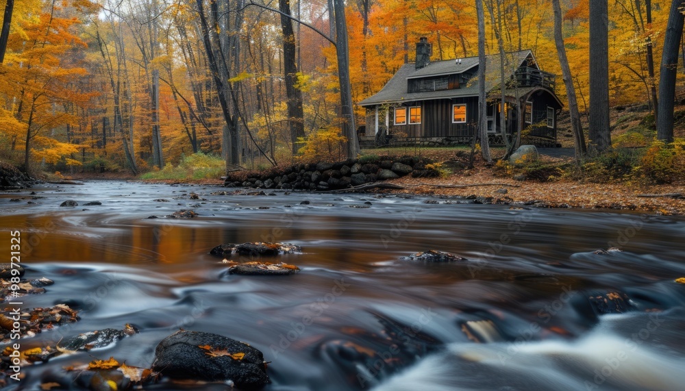 Autumn forest with cabin and rushing stream Autumn forest with cabin and rushing stream