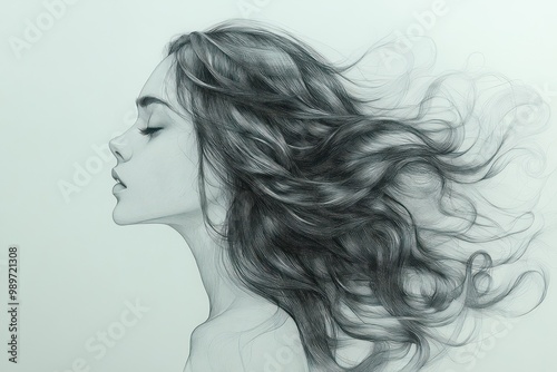 Woman with Flowing Hair in Pencil Drawing