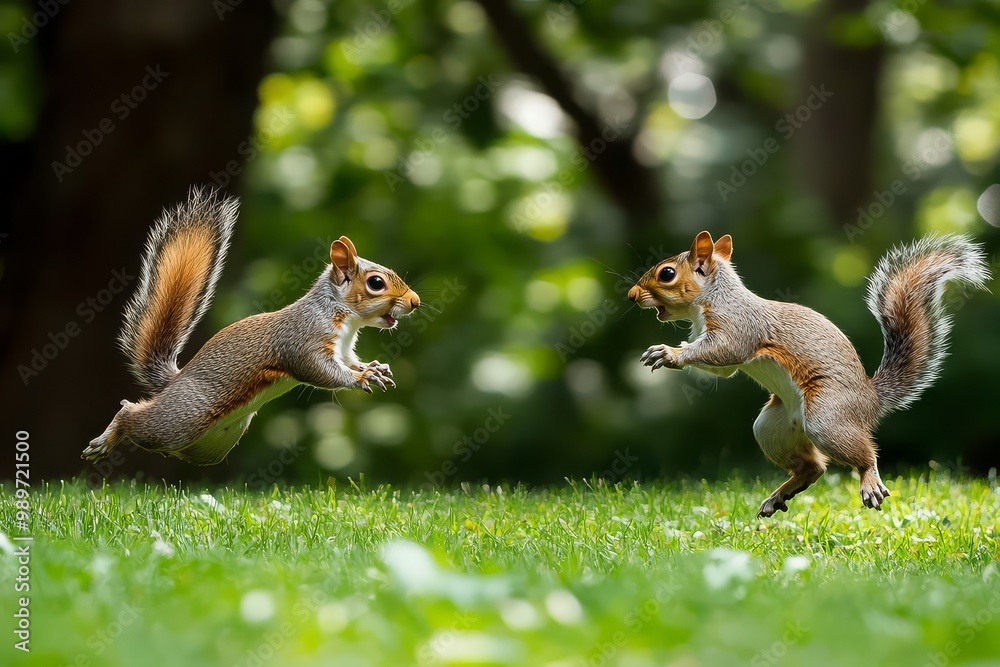 Two Squirrels Leaping in a Sunlit Park Two Squirrels Leaping in a Sunlit Park