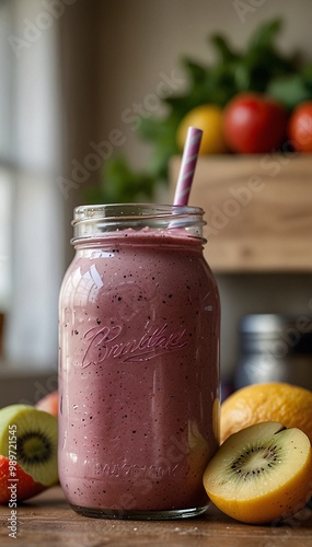 A jar of homemade jam surrounded by fresh fruits photo