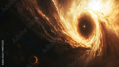 Event horizon of a black hole with spaghettification visible dark matter swirling and a nearby Seyfert galaxy and brown dwarf photo