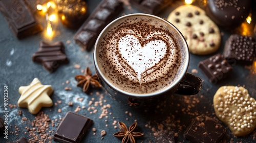 Cup of hot tasty coffee with coffe beabs, cinnamon and chocolate in the background, top down view. Heart shaped decor on the coffee. Horizontal frame photo