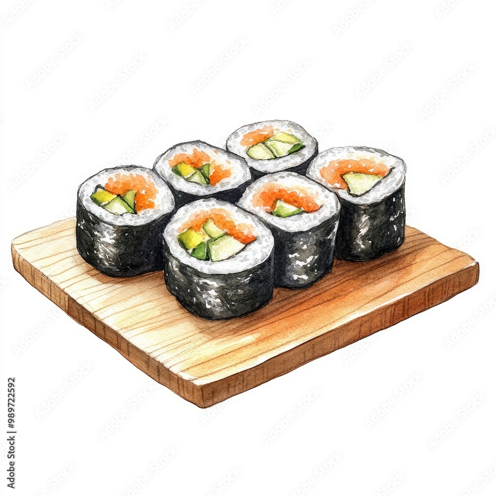 Watercolor Painting of Six Sushi Rolls on a Wooden Plate Watercolor Painting of Six Sushi Rolls on a Wooden Plate