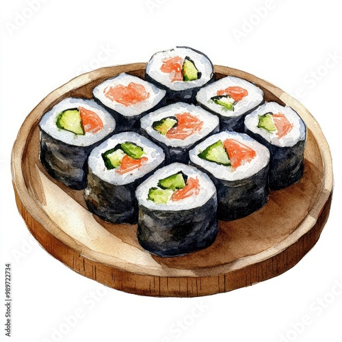 Watercolor Painting of a Plate of Sushi Rolls with Salmon and Avocado