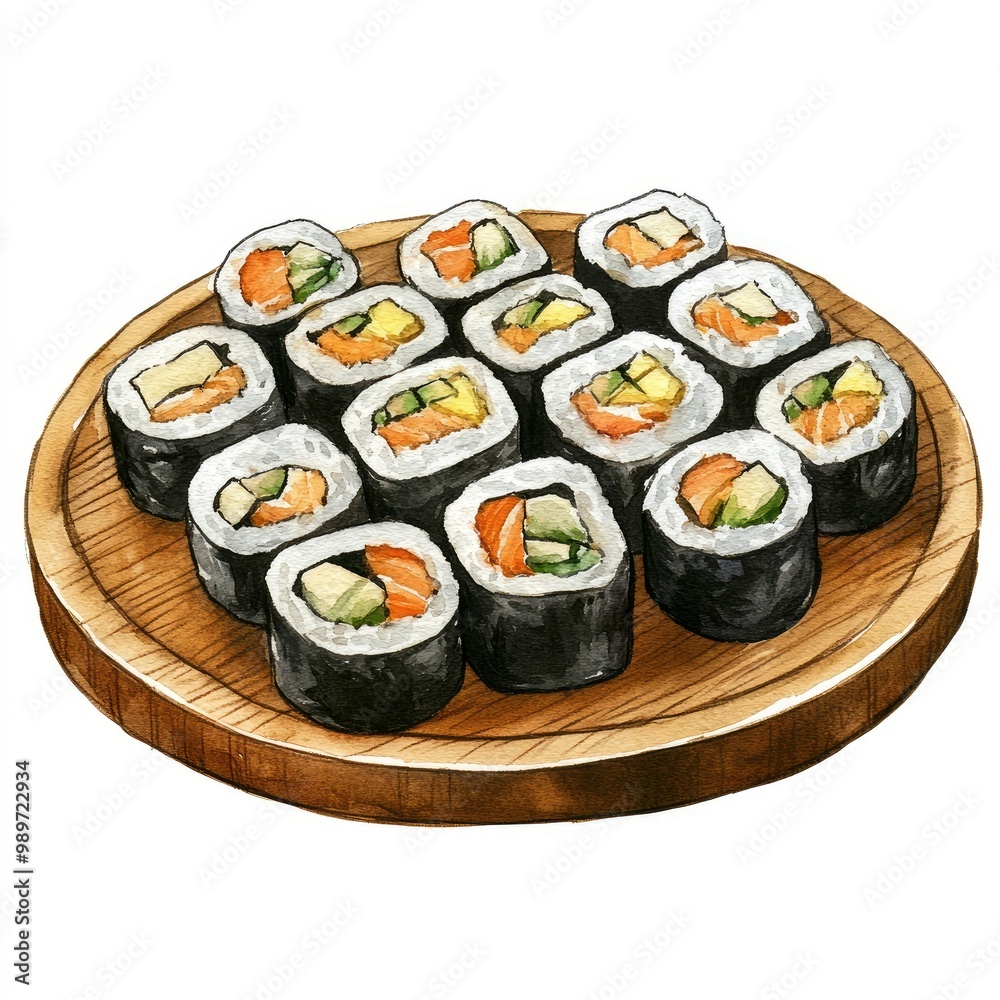 Watercolor Illustration of Sushi Rolls on a Wooden Plate Watercolor Illustration of Sushi Rolls on a Wooden Plate