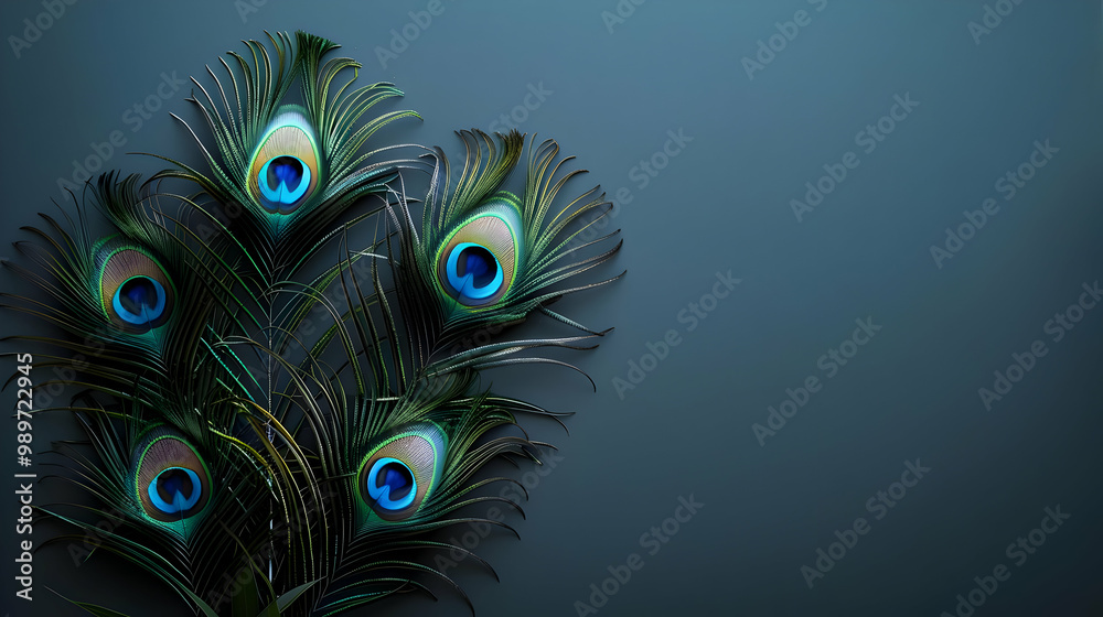 Obraz premium Peacock Feathers with Copy Space on a Blue Background