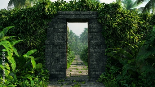 Lush Tropical Entrance with Stone Archway