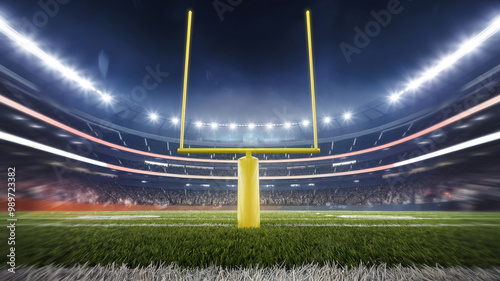 Football stadium with illuminated goalpost at night, ready for the game.