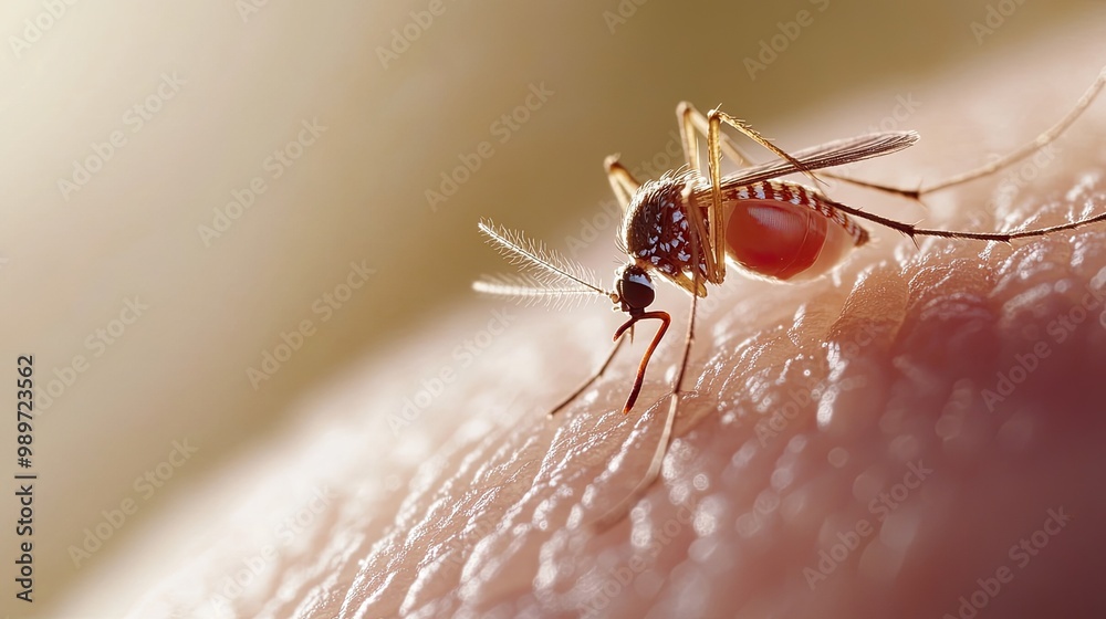 Close-Up of a Mosquito Biting Human Skin, Highlighting Virus Transmission Close-Up of a Mosquito Biting Human Skin, Highlighting Virus Transmission