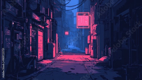 Neon Nights: Cyberpunk Alley in Minimalist Vector Art