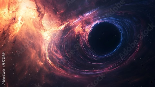 Event horizon of a black hole with spaghettification visible dark matter swirling and a nearby Seyfert galaxy and brown dwarf