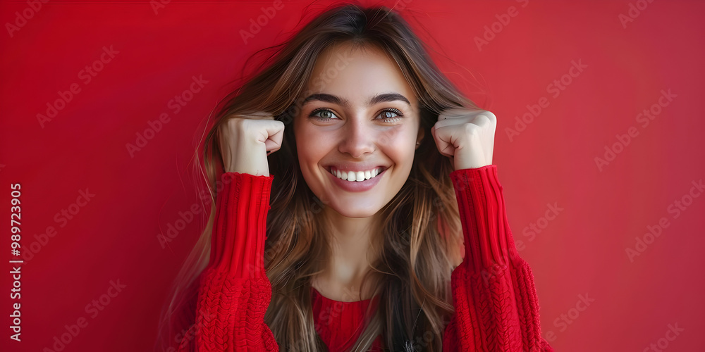 Smiling Woman in Red Sweater with Copy Space for Your Brand Smiling Woman in Red Sweater with Copy Space for Your Brand