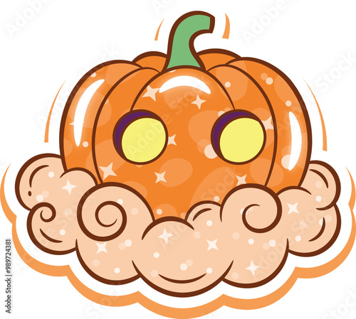 Halloween cute pumpkin drawing with sparkling cloud without background