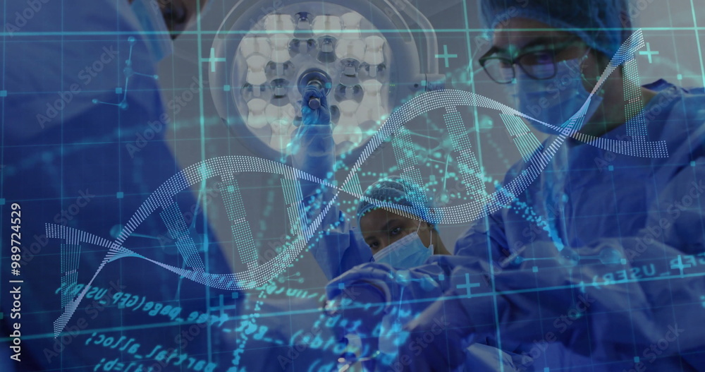Image of data processing and dna strand over diverse surgeons during operation Image of data processing and dna strand over diverse surgeons during operation