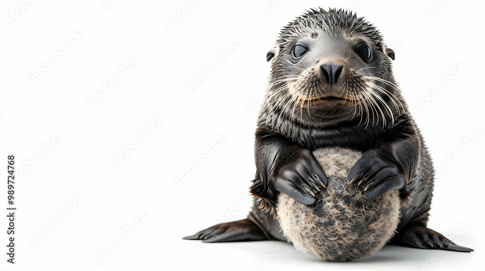 Obraz premium Cute Seal Pup Holding a Ball with Copy Space
