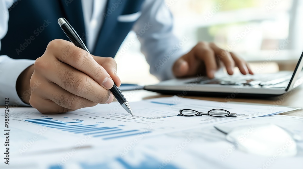 Accountant concentrating on evaluating financial reports reflecting precision analysis economic oversight. AI generated Accountant concentrating on evaluating financial reports reflecting precision analysis economic oversight. AI generated