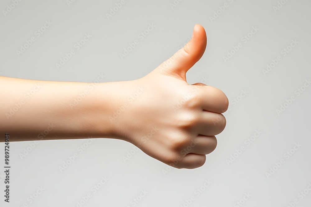 Hand giving a thumbs up, close-up, focus on the thumb, plain background Hand giving a thumbs up, close-up, focus on the thumb, plain background
