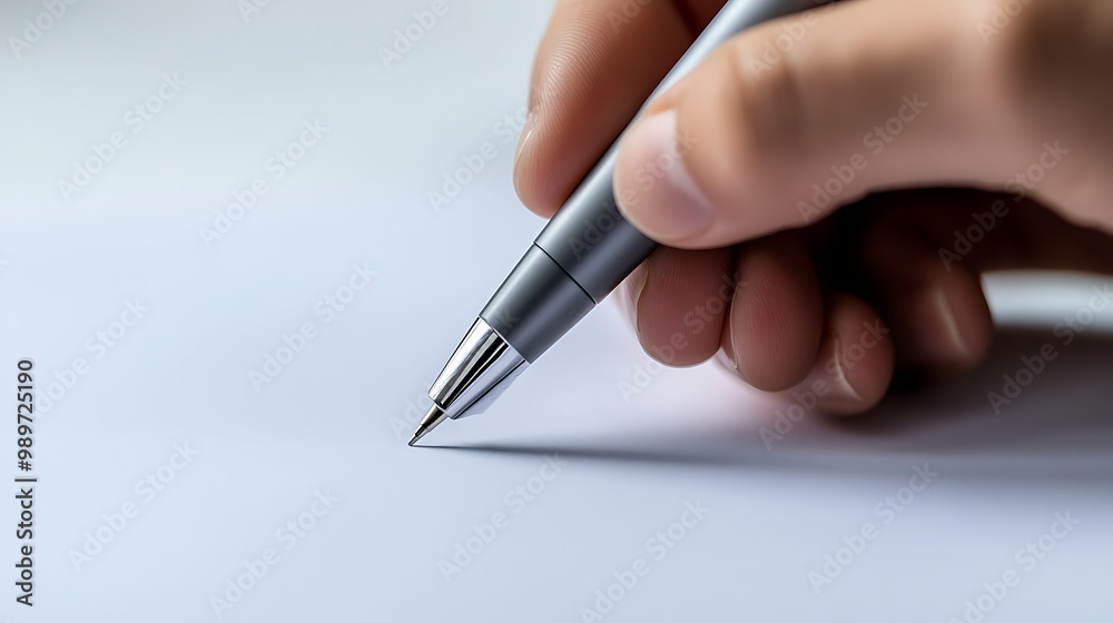 Hand writing a message with a pen, close-up, focus on the hand and pen, simple background Hand writing a message with a pen, close-up, focus on the hand and pen, simple background