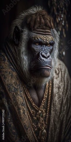 A powerful gorilla sits regally, wearing luxurious and ornate royal garments, exuding strength and wisdom in a royal setting..