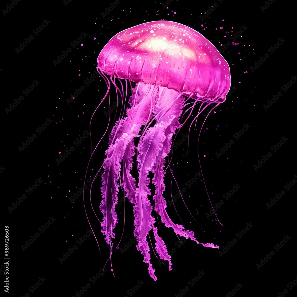 Pink Jellyfish with Delicate Tentacles Against a Black Background Pink Jellyfish with Delicate Tentacles Against a Black Background