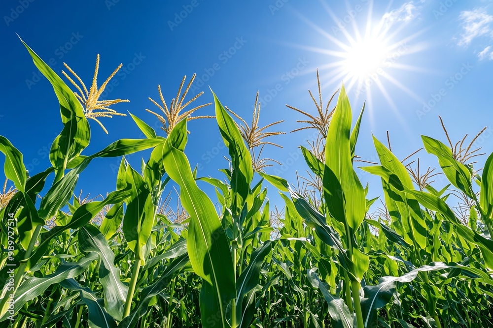 Fototapeta premium A close-up of corn stalks swaying in the wind, under a clear, bright sky with the sun shining overhead
