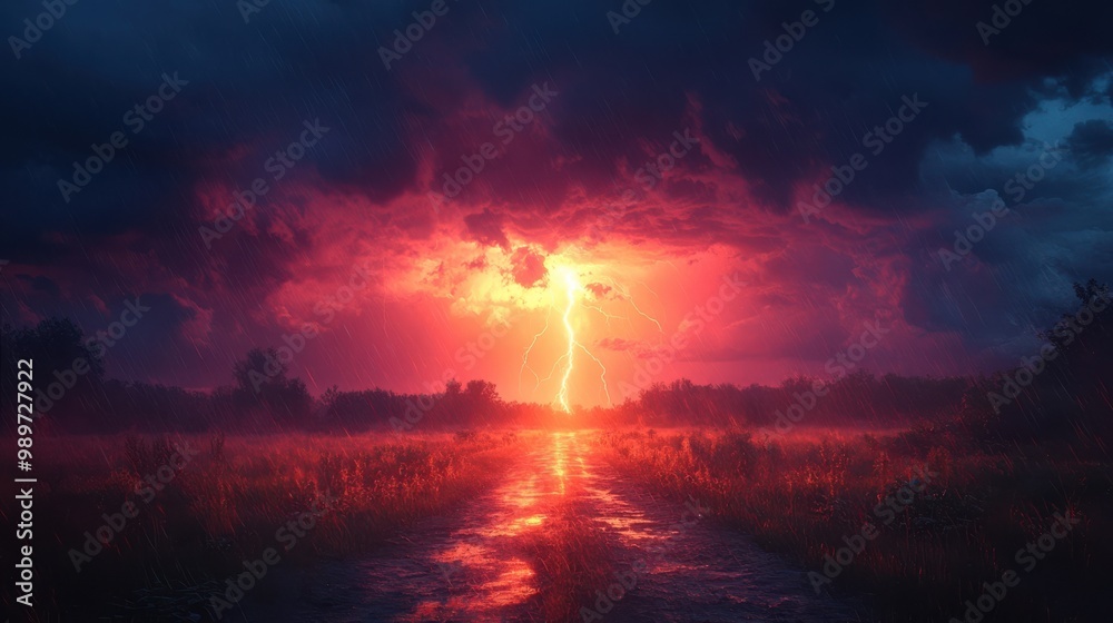 Obraz premium A Dramatic Thunderstorm with a Bright Lightning Strike Over a Foggy Field and a Winding Path