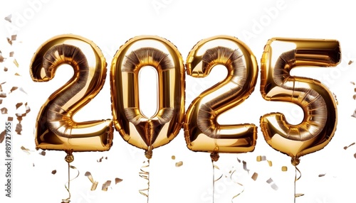 Golden balloons shaped like the numbers 2025, festive decoration on a white background.