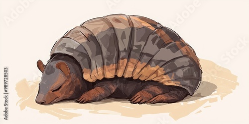 art piece features a charming armadillo curled into a ball, its body armor composed of grey and brown paper layers. The minimalist desert-themed setting enhances its serene presence. photo