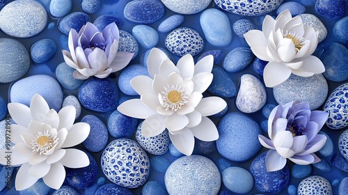 Blue and white porcelain base color, with white lotus flowers and painted pebbles in the middle, purple lotus flowers of different shapes and sizes, patterned painted pebbles, crystal clear, 