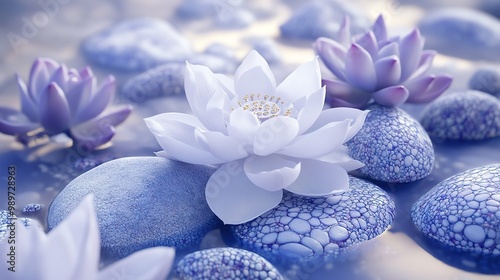 Blue and white porcelain base color, with white lotus flowers and painted pebbles in the middle, purple lotus flowers of different shapes and sizes, patterned painted pebbles, crystal clear, 