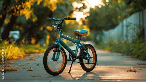 Bicycle children's parked on sidewalk childhood memory scene. AI generated