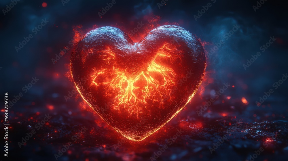A fiery heart pulsates with molten energy, veins of lava glowing against a backdrop of smoldering embers A fiery heart pulsates with molten energy, veins of lava glowing against a backdrop of smoldering embers