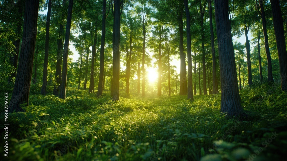 Obraz premium Serene Forest with Sunlight Through Green Trees