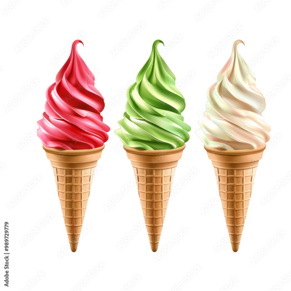 Three scoops of soft serve ice cream in waffle cones, red, green and white. Three scoops of soft serve ice cream in waffle cones, red, green and white.
