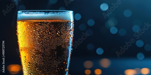 A refreshing glass of beer with condensation, set against a soft blue background, ideal for beverage and celebration themes. photo